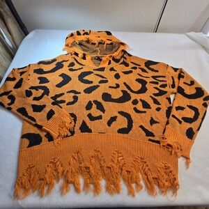 Halloween Lightweight Sweater Leopard Print Womens XL Frayed Hem Artsy Fall Boho